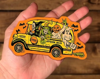 Spook Bus Halloween Vinyl Sticker – Vintage Grim Reaper & Monster Bus – Weatherproof Die Cut Sticker