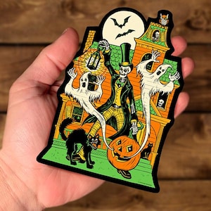 Haunted House Halloween Vinyl Sticker – Skeleton with Jack-O-Lantern & Ghosts – 3.75" x 5.5" Weatherproof Die Cut image 1