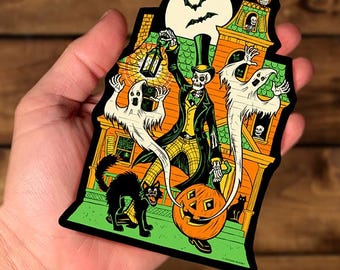 Haunted House Halloween Vinyl Sticker – Skeleton with Jack-O-Lantern & Ghosts – 3.75" x 5.5" Weatherproof Die Cut