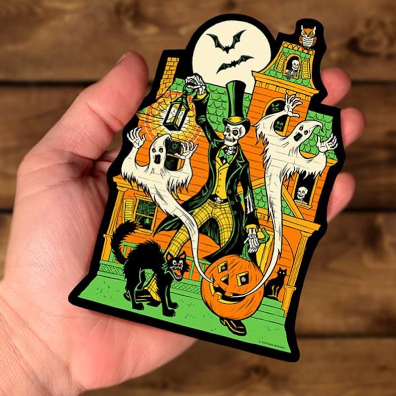 Haunted House Halloween Vinyl Sticker – Skeleton with Jack-O-Lantern & Ghosts – 3.75" x 5.5" Weatherproof Die Cut image 1