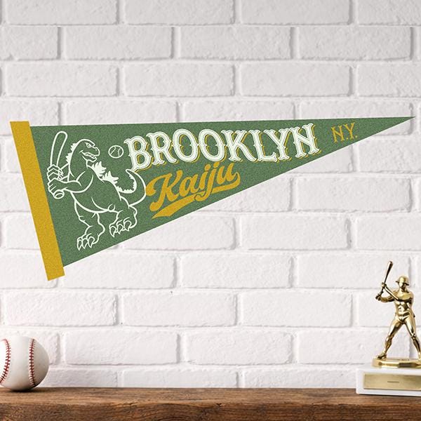 Godzilla Brooklyn Kaiju Pennant – 18" x 8" Felt Banner – Vintage Monster Baseball Decor