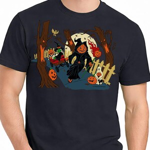 Spooky Street T-Shirt – Jack-O’-Lantern Grim Reaper with Kids – Unisex Green Short Sleeve 100% Soft Cotton – Professionally Screen Printed image 2