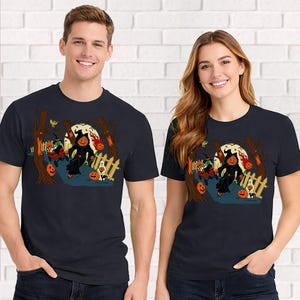 Spooky Street T-Shirt – Jack-O’-Lantern Grim Reaper with Kids – Unisex Green Short Sleeve 100% Soft Cotton – Professionally Screen Printed image 3