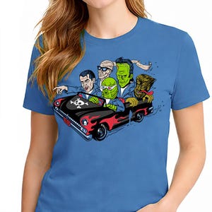 Monster Mash T-Shirt – Retro Halloween Monsters – Unisex Blue Short Sleeve 100% Soft Cotton – Professionally Screen Printed image 2