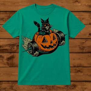 Franken Kitty T-Shirt – Halloween Retro Hot Rod Cat – Unisex Green Short Sleeve 100% Soft Cotton – Professionally Screen Printed image 4