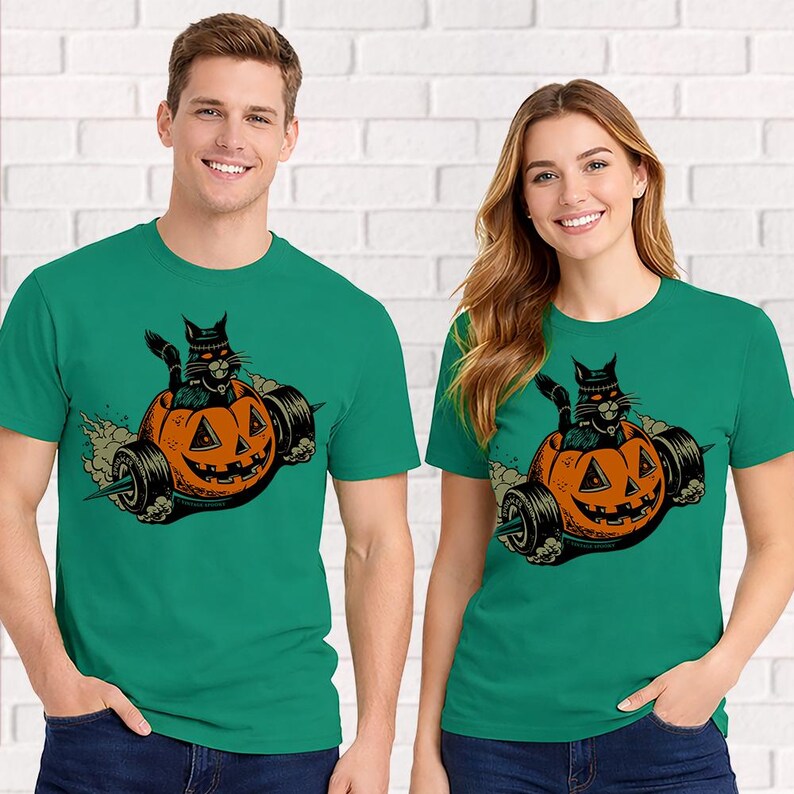 Franken Kitty T-Shirt – Halloween Retro Hot Rod Cat – Unisex Green Short Sleeve 100% Soft Cotton – Professionally Screen Printed image 3