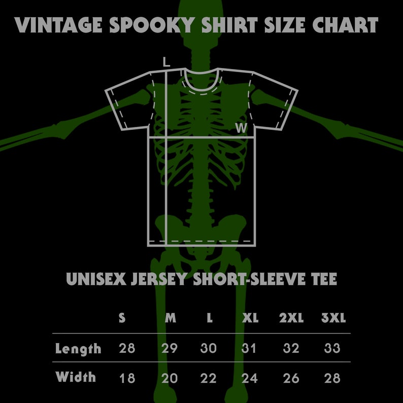 May include: Size chart for a unisex short-sleeve jersey tee shirt. The chart shows measurements in inches for length and width for sizes S, M, L, XL, 2XL, and 3XL.