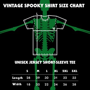 May include: Size chart for a unisex short-sleeved jersey tee shirt. The chart shows measurements in inches for length and width for sizes S, M, L, XL, 2XL, and 3XL.