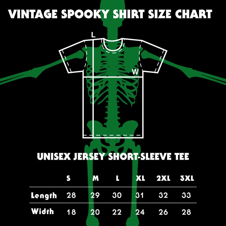 May include: Size chart for a unisex short-sleeved jersey tee shirt. The chart shows measurements in inches for length and width for sizes S, M, L, XL, 2XL, and 3XL.