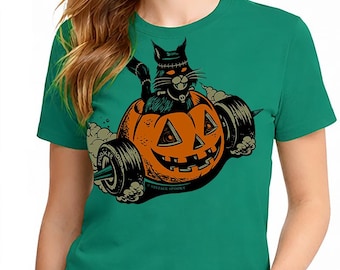 Franken Kitty T-Shirt – Halloween Retro Hot Rod Cat – Unisex Green Short Sleeve 100% Soft Cotton – Professionally Screen Printed