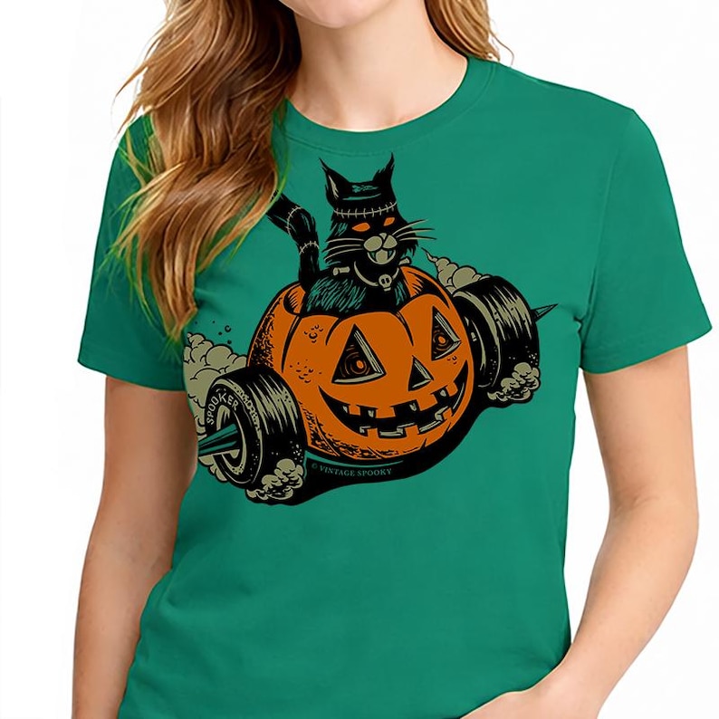 Franken Kitty T-Shirt – Halloween Retro Hot Rod Cat – Unisex Green Short Sleeve 100% Soft Cotton – Professionally Screen Printed image 1