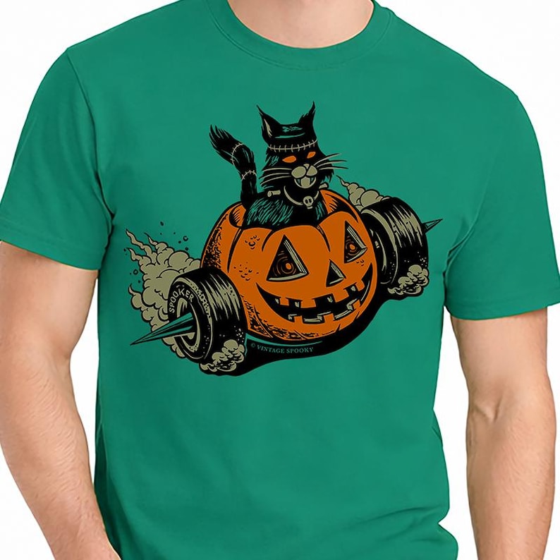 Franken Kitty T-Shirt – Halloween Retro Hot Rod Cat – Unisex Green Short Sleeve 100% Soft Cotton – Professionally Screen Printed image 2