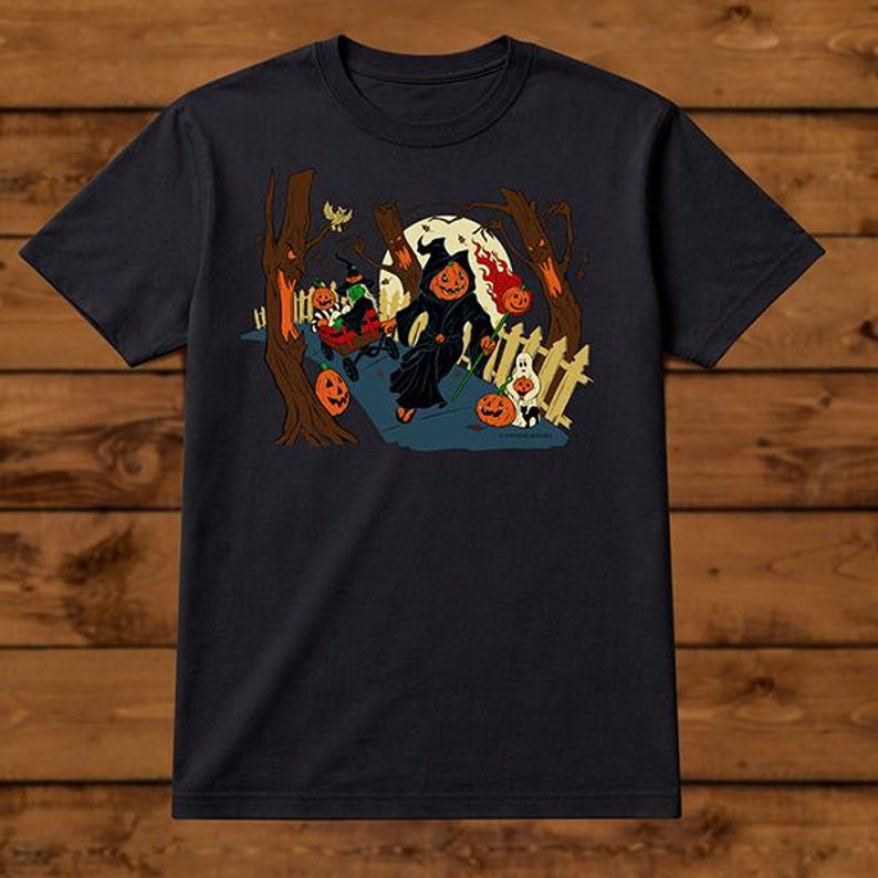 Spooky Street T-Shirt – Jack-O’-Lantern Grim Reaper with Kids – Unisex Green Short Sleeve 100% Soft Cotton – Professionally Screen Printed image 5