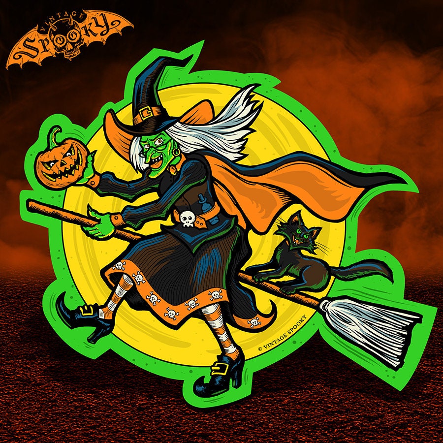 Flying Witch Halloween Decoration
 Flying Witch Vintage Style Halloween Die Cut Decoration