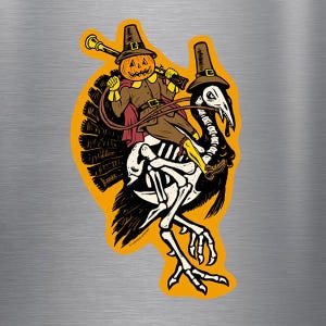 Jive Turkey Fridge Magnet – Spooky Thanksgiving Jack-O-Lantern Pilgrim Riding Skeleton Turkey – 5.5" x 3.5" Die Cut Magnet
