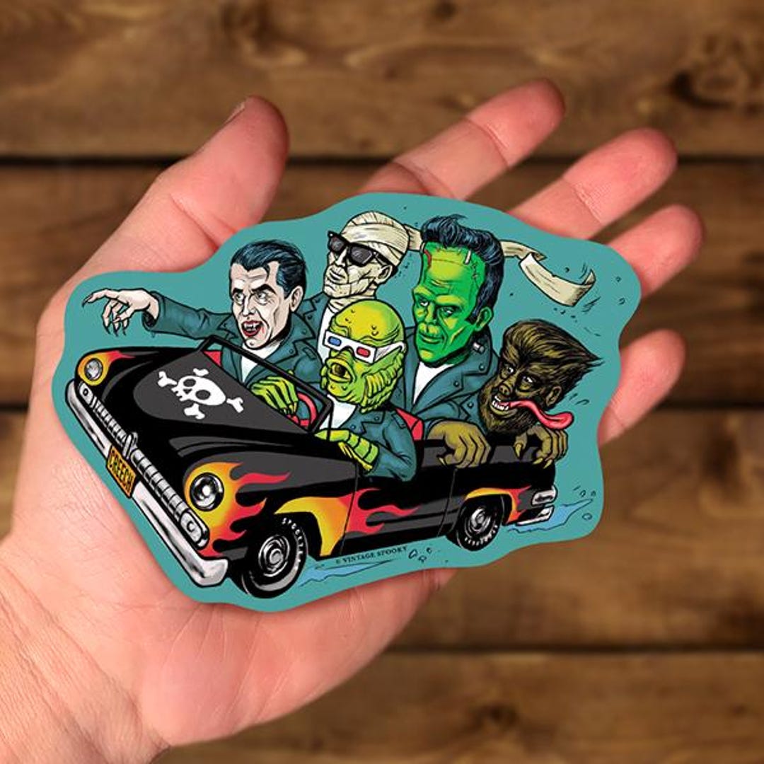 Monster Mash Halloween Vinyl Sticker – Classic Monsters in Hot Rod ...