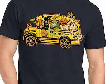 Spook Bus T-Shirt – Haunted Halloween Bus – Unisex Black Short Sleeve 100% Soft Cotton – Professionally Screen Printed