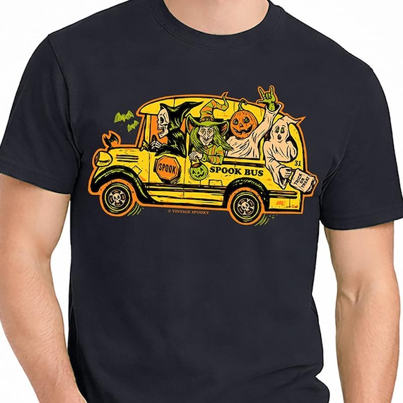 Spook Bus T-Shirt – Haunted Halloween Bus – Unisex Black Short Sleeve 100% Soft Cotton – Professionally Screen Printed