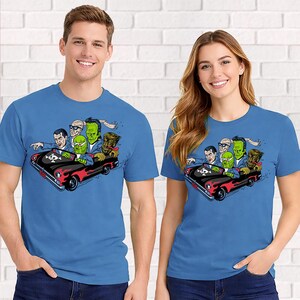 Monster Mash T-Shirt – Retro Halloween Monsters – Unisex Blue Short Sleeve 100% Soft Cotton – Professionally Screen Printed image 3