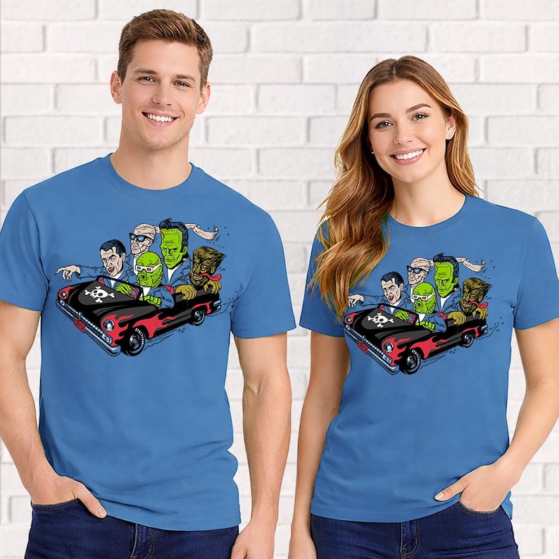 Monster Mash T-Shirt – Retro Halloween Monsters – Unisex Blue Short Sleeve 100% Soft Cotton – Professionally Screen Printed image 3