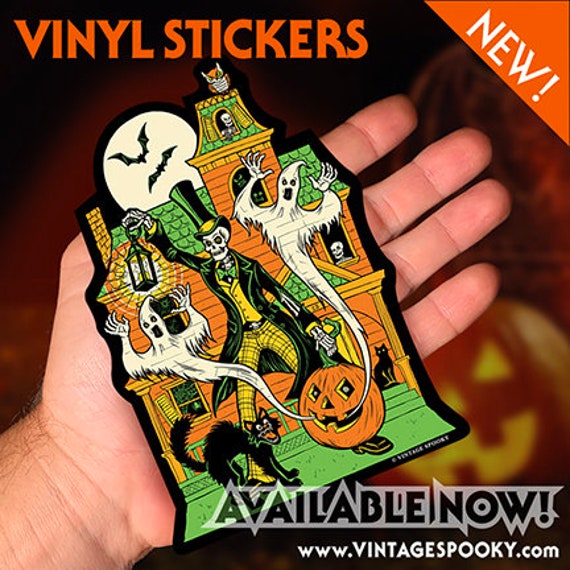 Haunted House Halloween Vinyl Sticker – Skeleton with Jack-O-Lantern & Ghosts – 3.75" x 5.5" Weatherproof Die Cut