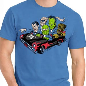 Monster Mash T-Shirt – Retro Halloween Monsters – Unisex Blue Short Sleeve 100% Soft Cotton – Professionally Screen Printed image 1