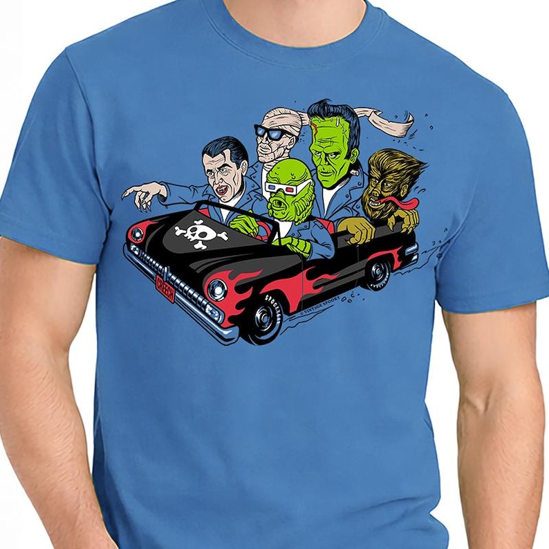 Monster Mash T-Shirt – Retro Halloween Monsters – Unisex Blue Short Sleeve 100% Soft Cotton – Professionally Screen Printed image 1