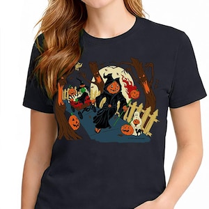 Spooky Street T-Shirt – Jack-O’-Lantern Grim Reaper with Kids – Unisex Green Short Sleeve 100% Soft Cotton – Professionally Screen Printed image 1