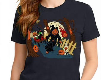 Spooky Street T-Shirt – Jack-O’-Lantern Grim Reaper with Kids – Unisex Green Short Sleeve 100% Soft Cotton – Professionally Screen Printed