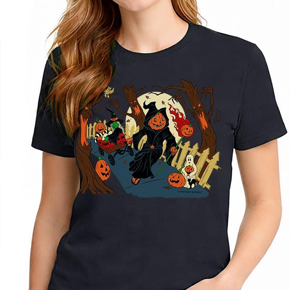 Spooky Street T-Shirt – Jack-O’-Lantern Grim Reaper with Kids – Unisex Green Short Sleeve 100% Soft Cotton – Professionally Screen Printed