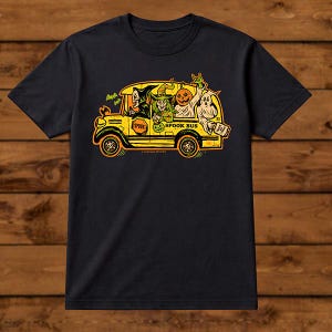 Camiseta Spook Bus – Autobús embrujado de Halloween – Unisex, negra, manga corta, 100 % algodón suave – Serigrafía profesional imagen 3