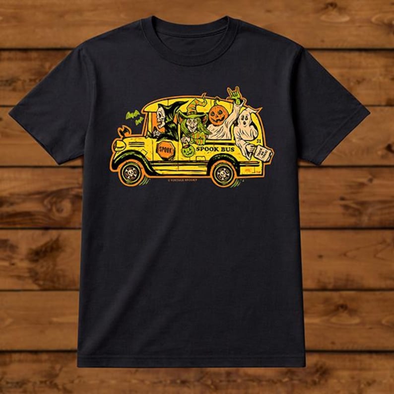 Camiseta Spook Bus – Autobús embrujado de Halloween – Unisex, negra, manga corta, 100 % algodón suave – Serigrafía profesional imagen 3