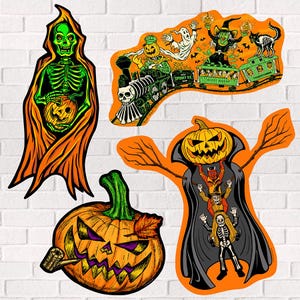 May include: Four Halloween-themed cutouts on a white brick wall. The cutouts include a skeleton in a hooded cloak, a pumpkin with a pipe, a train with Halloween characters, and a figure with a pumpkin head and a cape.