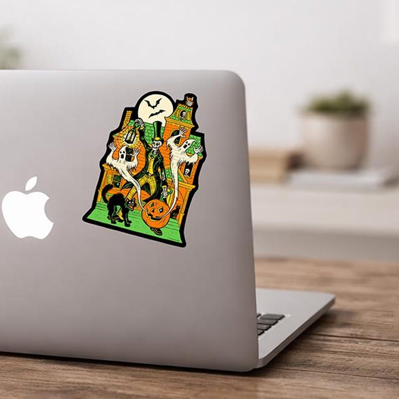Haunted House Halloween Vinyl Sticker – Skeleton with Jack-O-Lantern & Ghosts – 3.75" x 5.5" Weatherproof Die Cut image 2