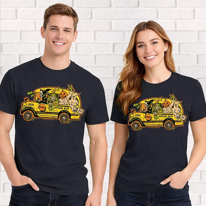 Camiseta Spook Bus – Autobús embrujado de Halloween – Unisex, negra, manga corta, 100 % algodón suave – Serigrafía profesional imagen 4