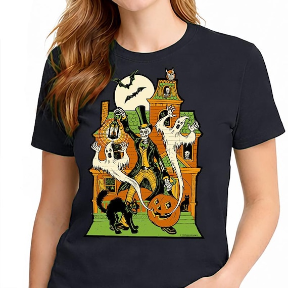 Haunted House T-Shirt – Spooky Skeleton & Ghosts – Unisex Green Short Sleeve 100% Soft Cotton – Professionally Screen Printed