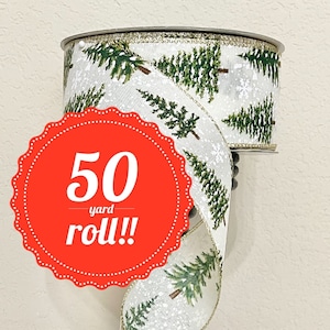 50 yard roll spool - 2.5 Inch Christmas Trees With Snow and Gold Trim Natural Wired Ribbon Kirkland Brand Costco