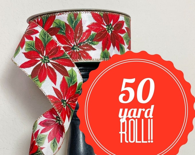 50 Yard Roll Spool - 2.5 Inch White and Red Poinsettia Holiday Ribbon ...
