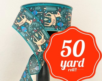 50 yard roll spool - 2.5 Inch Green Reindeer Boho Wired Christmas Holiday Ribbon Sam’s Brand Members Mark