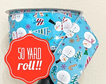 50 yard roll spool - 2.5 Inch Blue Snowman Christmas Holiday Wired Ribbon Kirkland Brand Costco