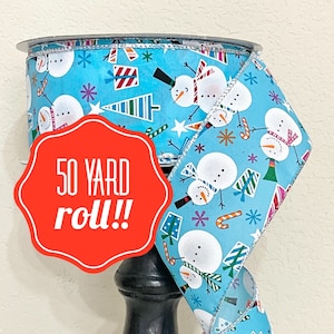 50 yard roll spool - 2.5 Inch Blue Snowman Christmas Holiday Wired Ribbon Kirkland Brand Costco
