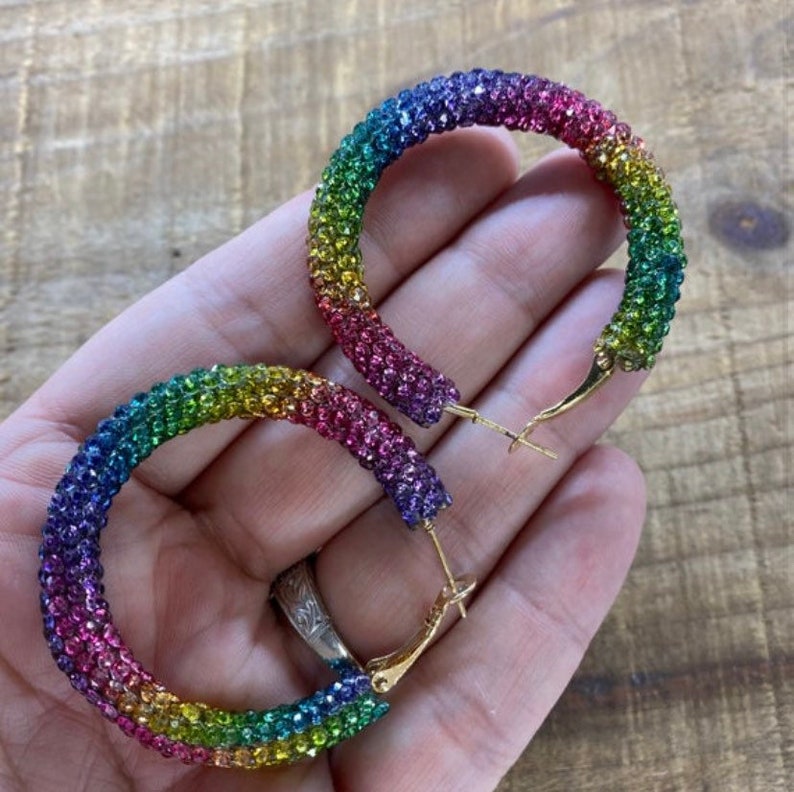Rainbow Hoops Multi Color Glitter Earrings Rainbow Pride Earrings Glitter Rhinestone Hoops Sparkle Earrings