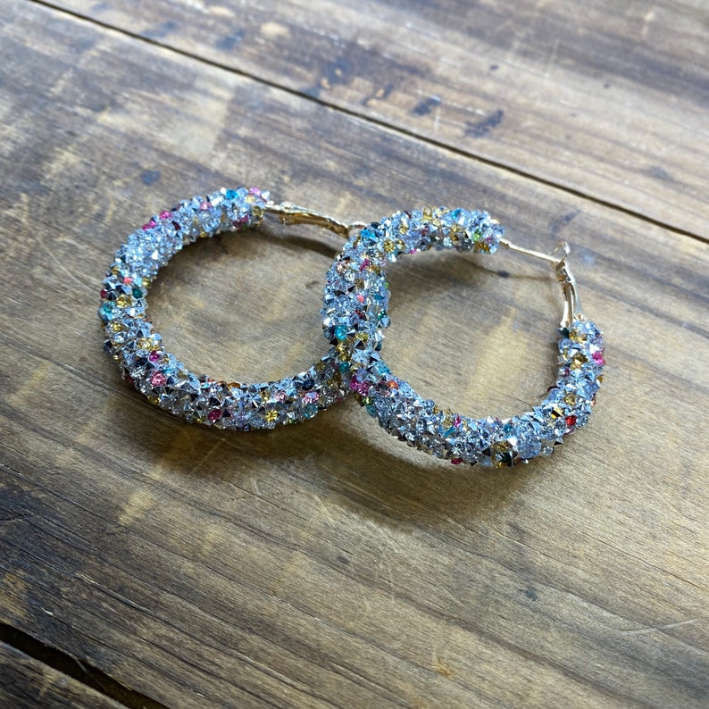 Rainbow Hoops Multi Color Glitter Earrings Rainbow Pride Earrings Glitter Rhinestone Hoops Sparkle Earrings