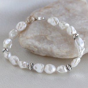 white freshwater pearl and sterling silver beaded bracelet, freshwater pearl jewelry, June birthstone, gifts for her, bridal jewelry