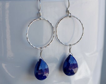 lapis lazuli dangle earrings on sterling silver hoops, gifts for her