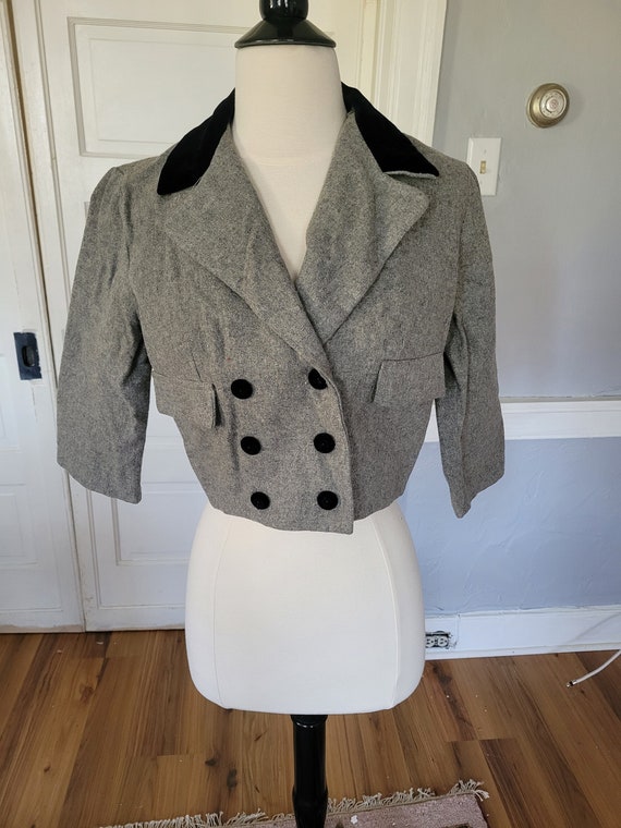 1950s Black Velvet Gray Wool Cropped Jacket