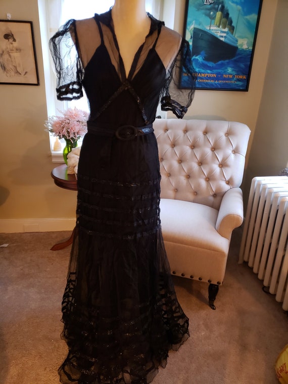 1930s Black Netted Evening Dress + Slip