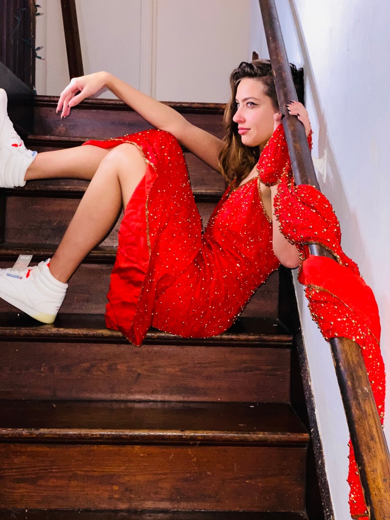Vintage 80s red sequin beaded silk gown and jacket