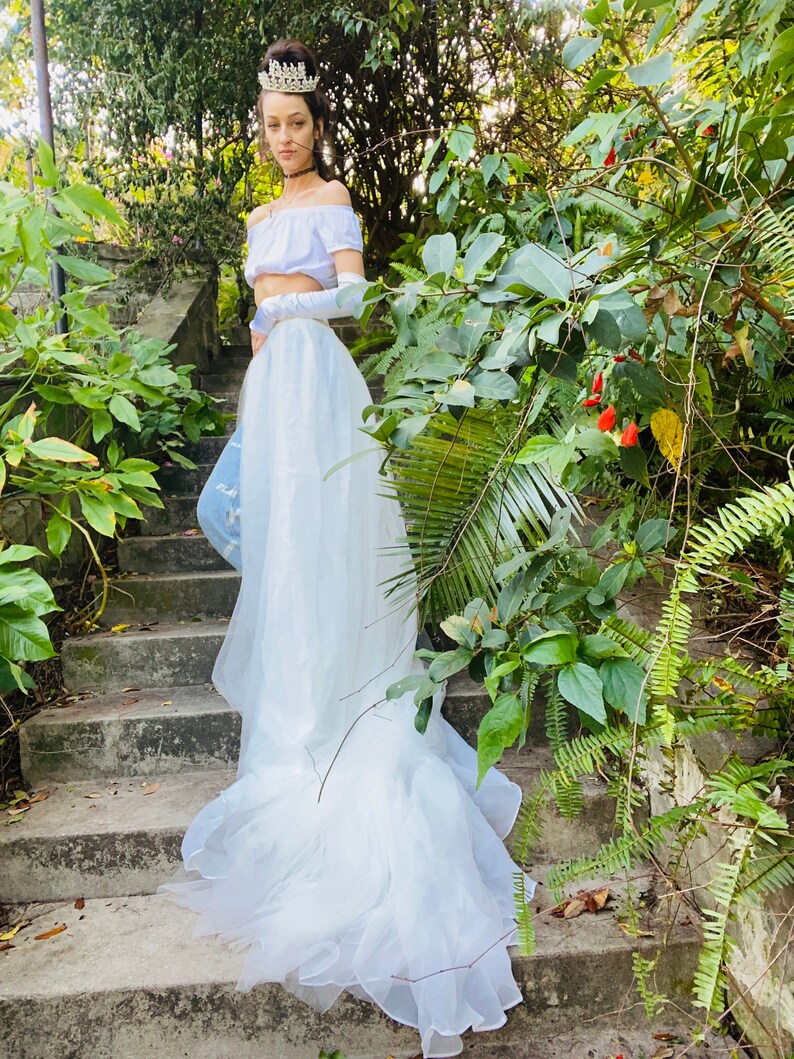 Vintage Sheer White Layered Overskirt Long Train
