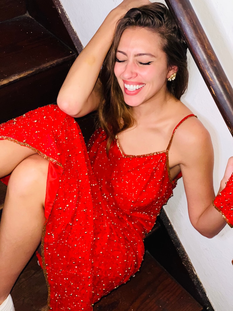 Vintage 80s red sequin beaded silk gown and jacket